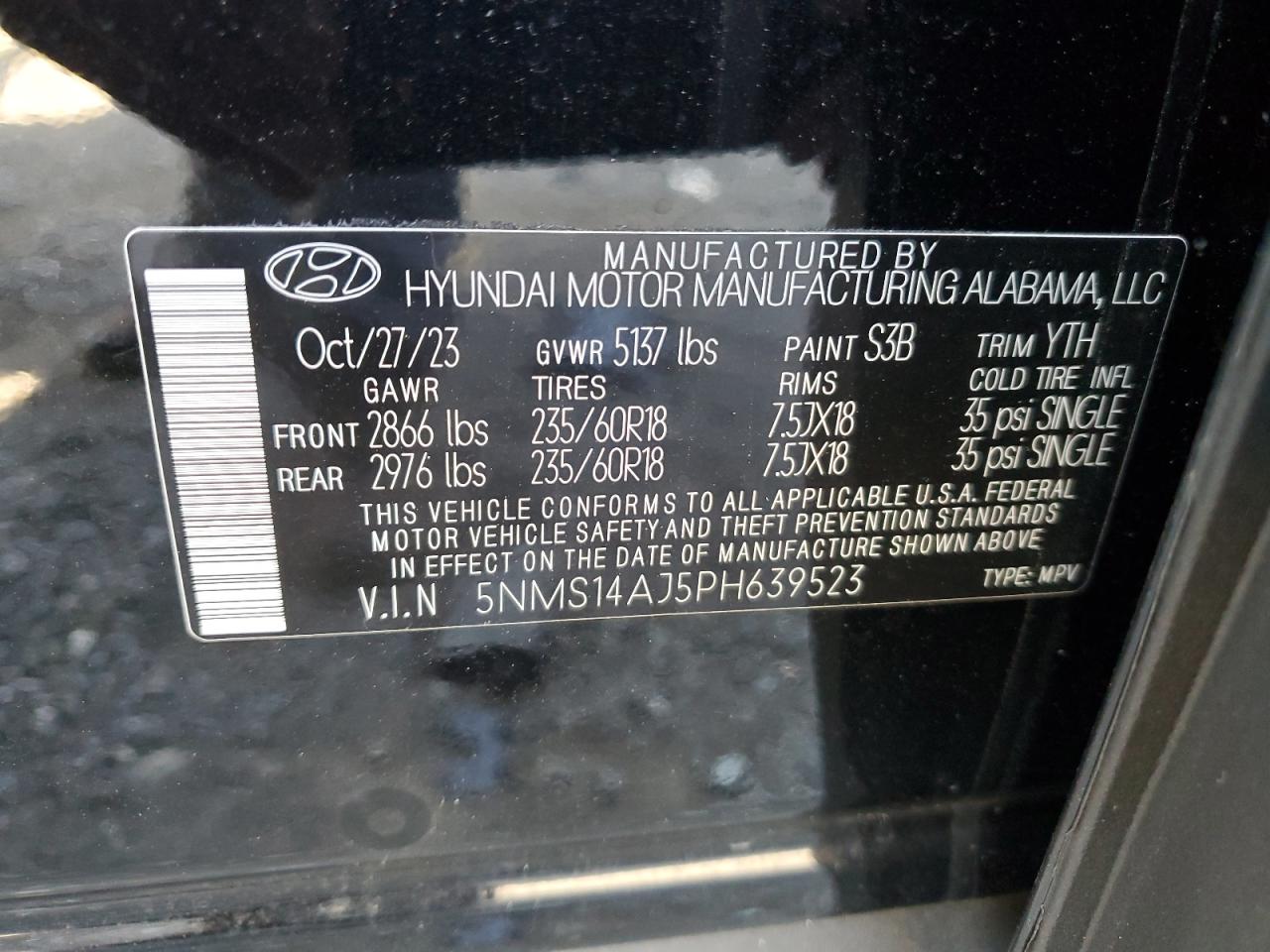 2023 HYUNDAI SANTA FE SE VIN:5NMS14AJ5PH639523