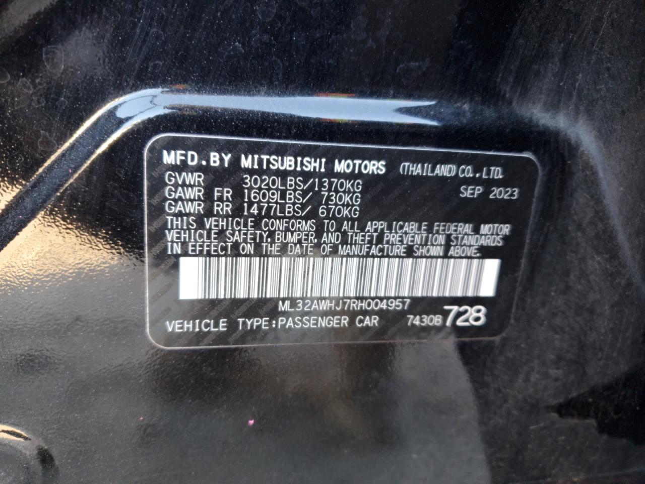 2024 MITSUBISHI MIRAGE SE VIN:ML32AWHJ7RH004957