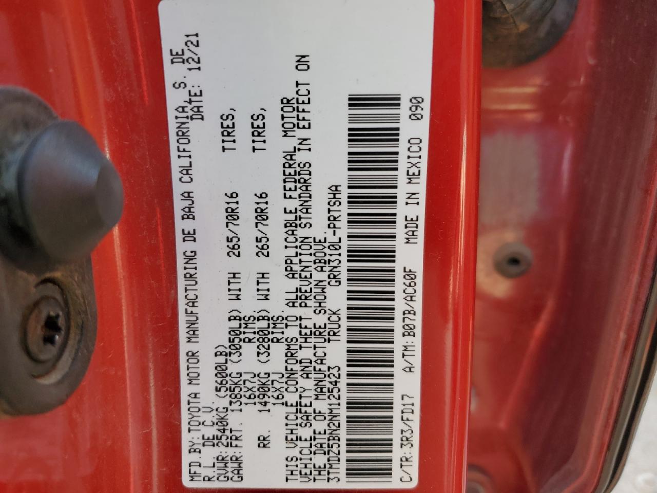 2022 TOYOTA TACOMA DOUBLE CAB VIN:3TMDZ5BN2NM125423