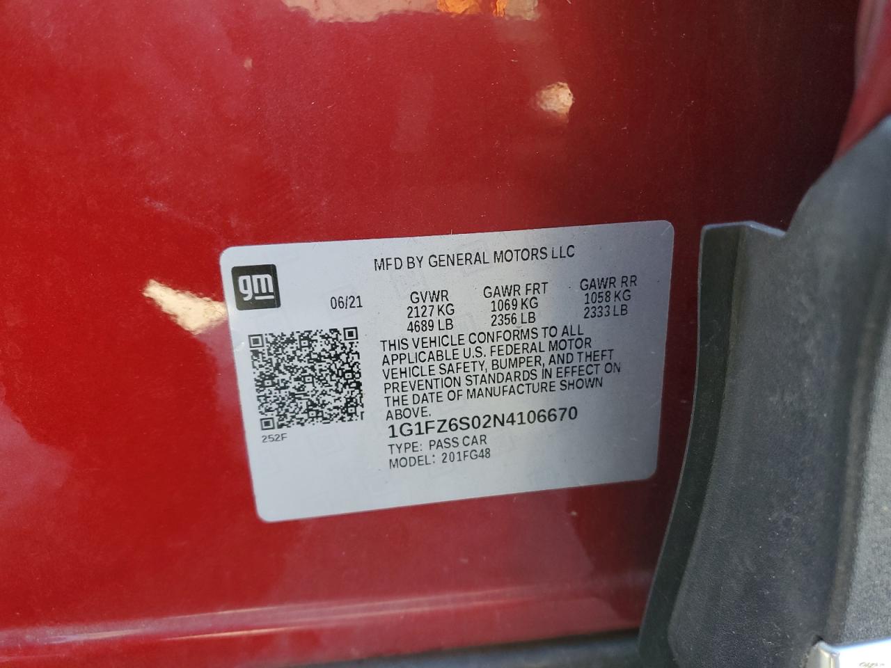 2022 CHEVROLET BOLT EUV PREMIER VIN:1G1FZ6S02N4106670