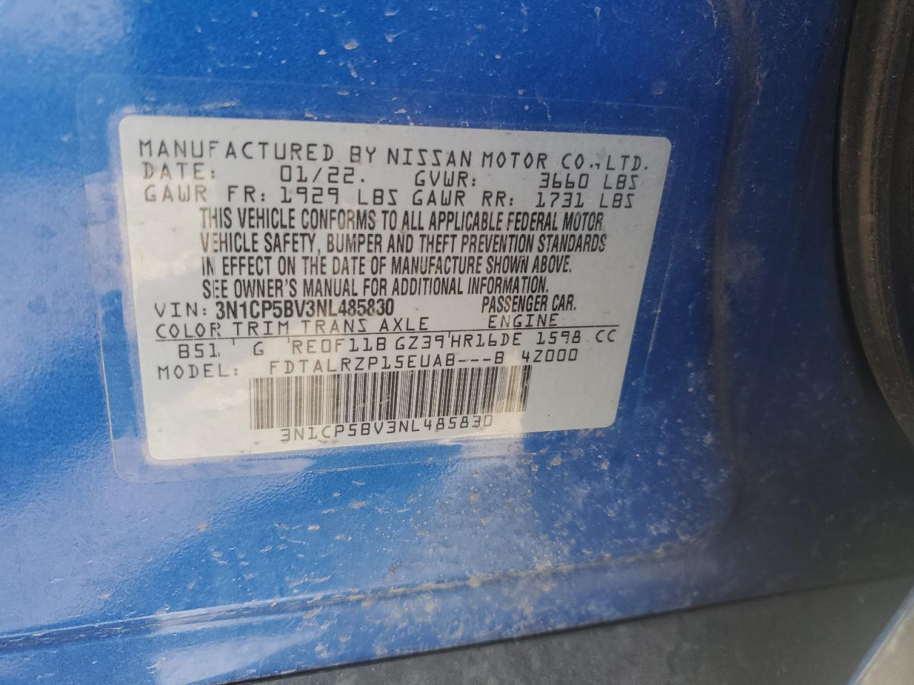 2022 NISSAN KICKS S VIN:3N1CP5BV3NL485830