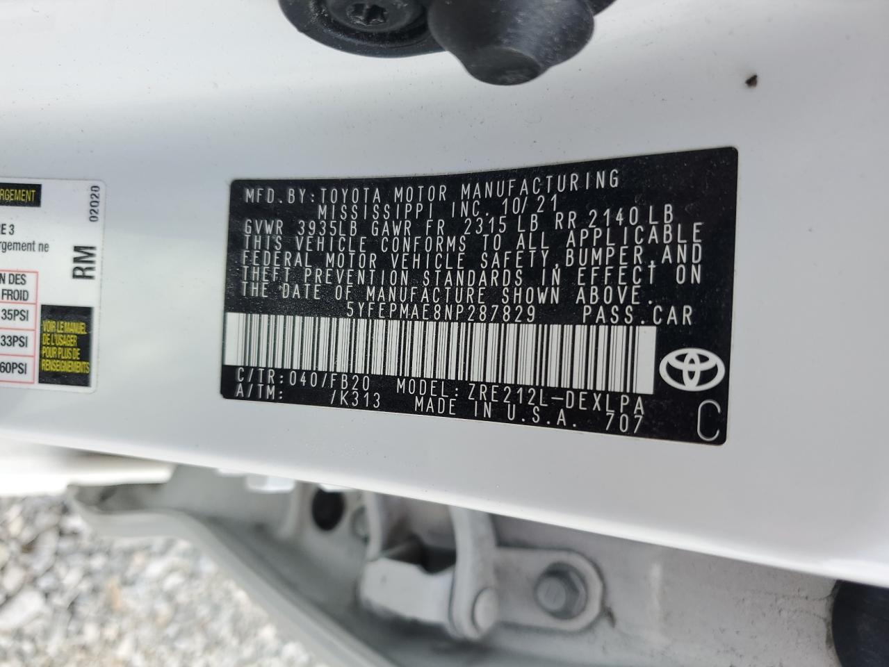 2022 TOYOTA COROLLA LE VIN:5YFEPMAE8NP287829