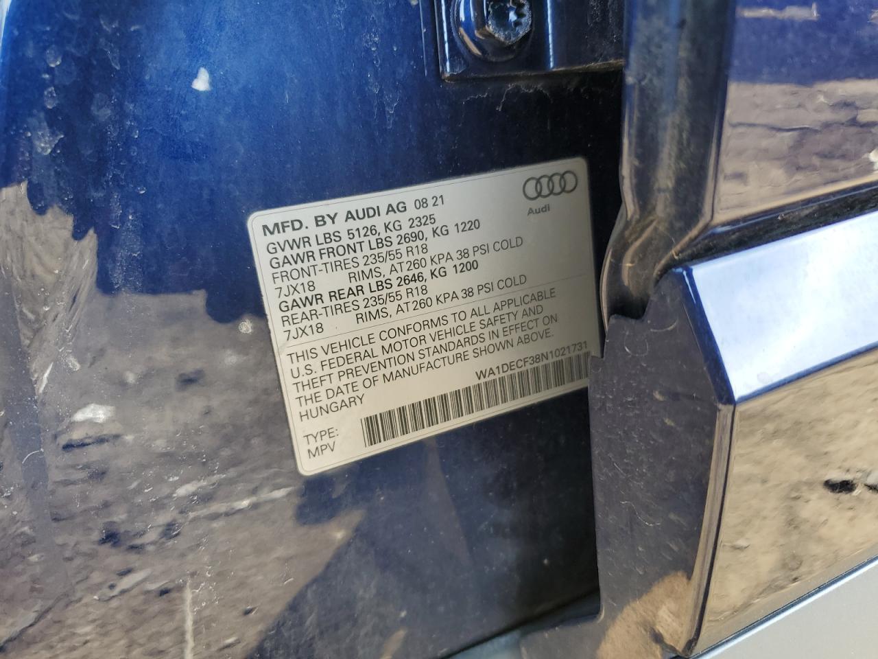 2022 AUDI Q3 PREMIUM S LINE 45 VIN:WA1DECF38N1021731