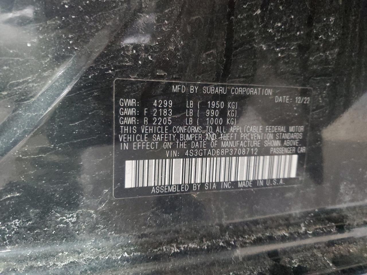 2023 SUBARU IMPREZA PREMIUM VIN:4S3GTAD68P3708712