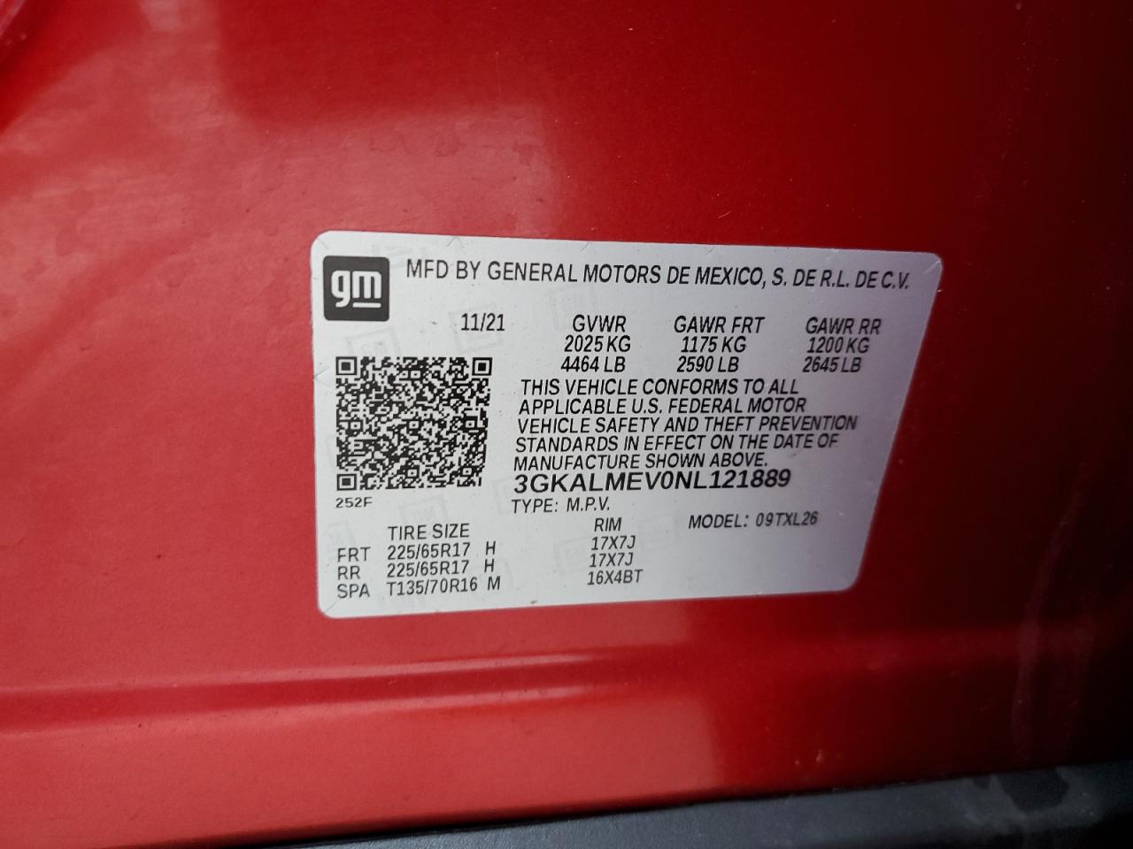 2022 GMC TERRAIN SLE VIN:3GKALMEV0NL121889