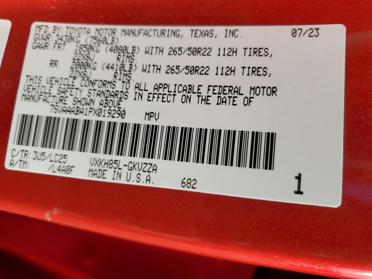 2023 TOYOTA SEQUOIA SR5 VIN:7SVAAABA1PX019290