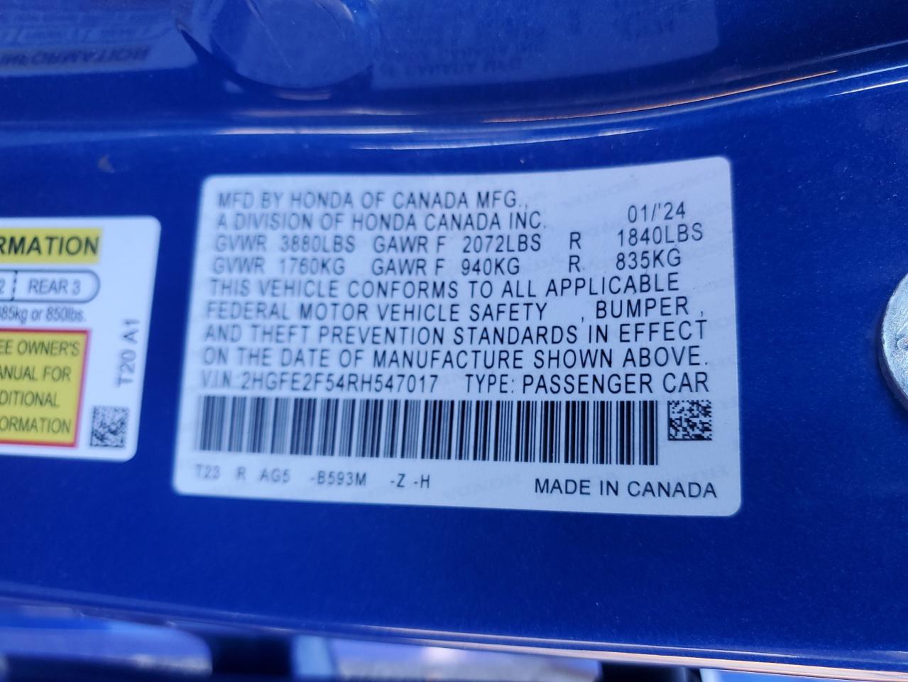 2024 HONDA CIVIC SPORT VIN:2HGFE2F54RH547017