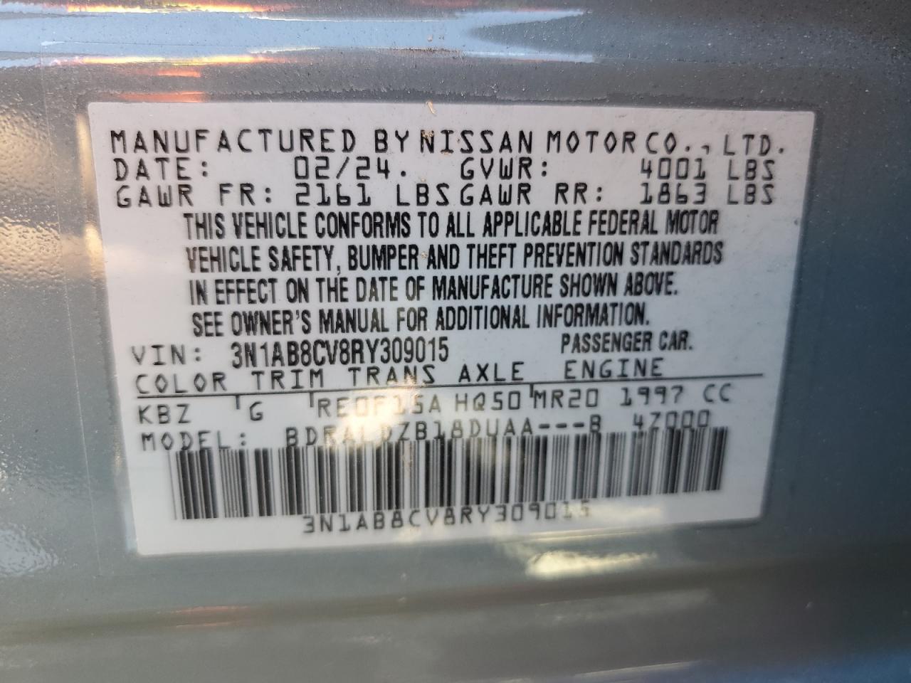 2024 NISSAN SENTRA SV VIN:3N1AB8CV8RY309015