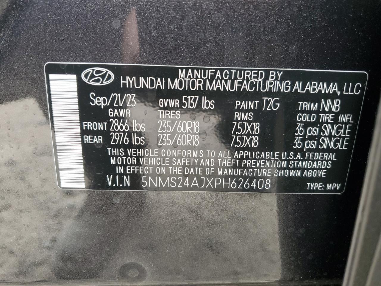 2023 HYUNDAI SANTA FE SEL VIN:5NMS24AJXPH626408