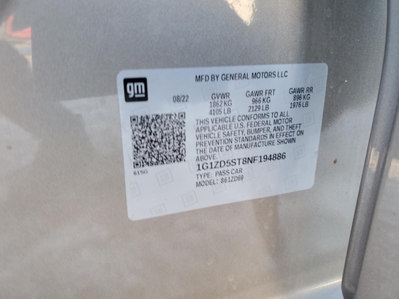 2022 CHEVROLET MALIBU LT VIN:1G1ZD5ST8NF194886