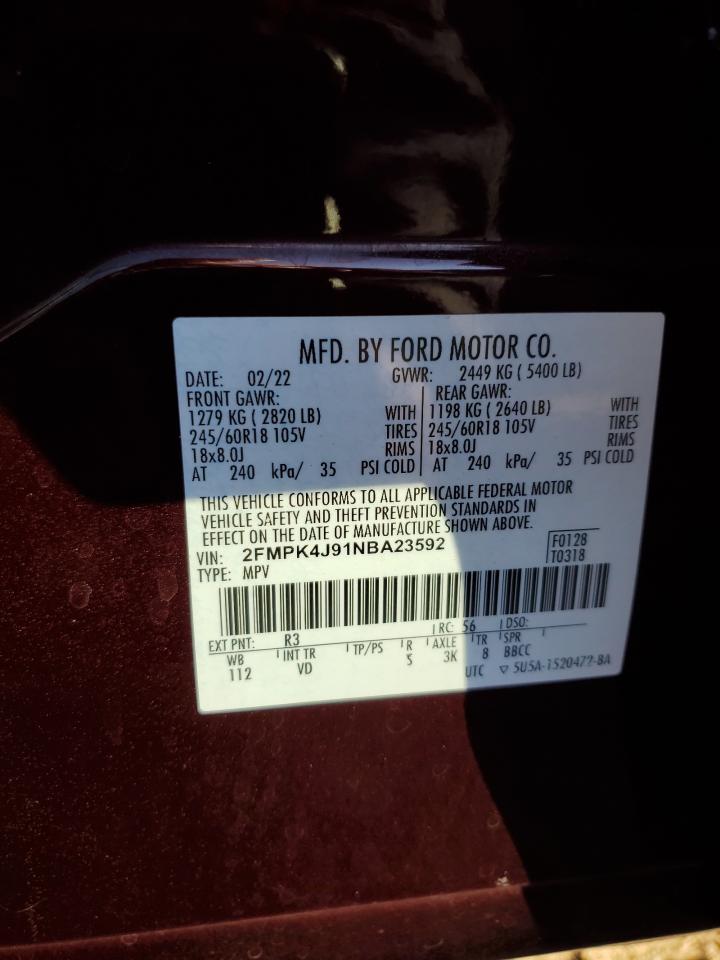 2022 FORD EDGE SEL VIN:2FMPK4J91NBA23592