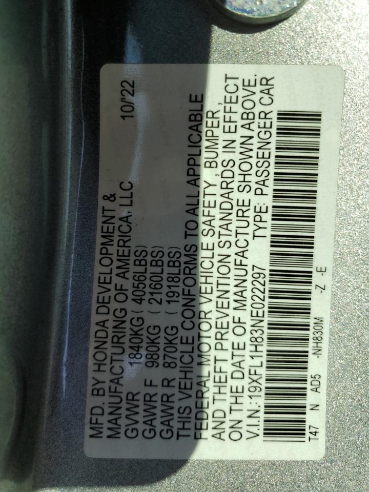 2022 HONDA CIVIC SPORT TOURING VIN:19XFL1H83NE022297