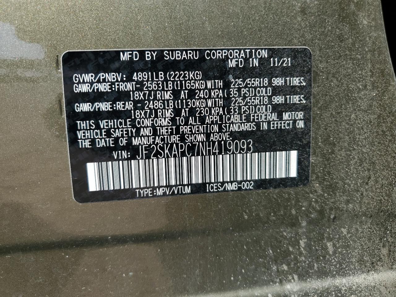 2022 SUBARU FORESTER LIMITED VIN:JF2SKAPC7NH419093