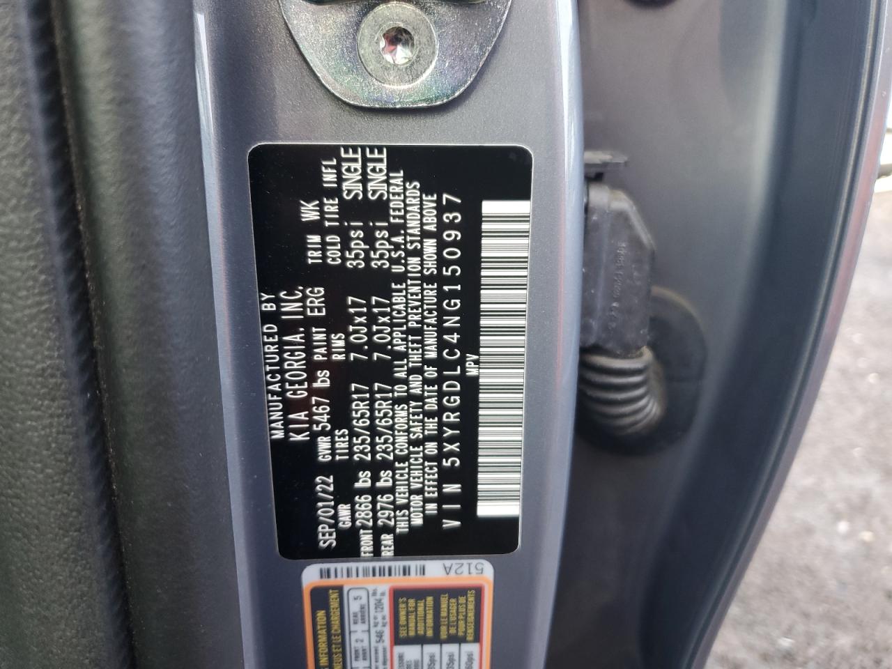 2022 KIA SORENTO LX VIN:5XYRGDLC4NG150937