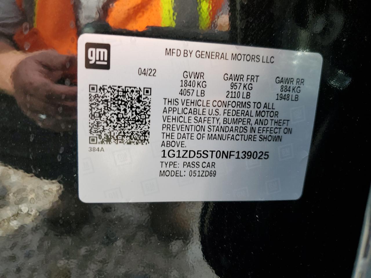 2022 CHEVROLET MALIBU LT VIN:1G1ZD5ST0NF139025