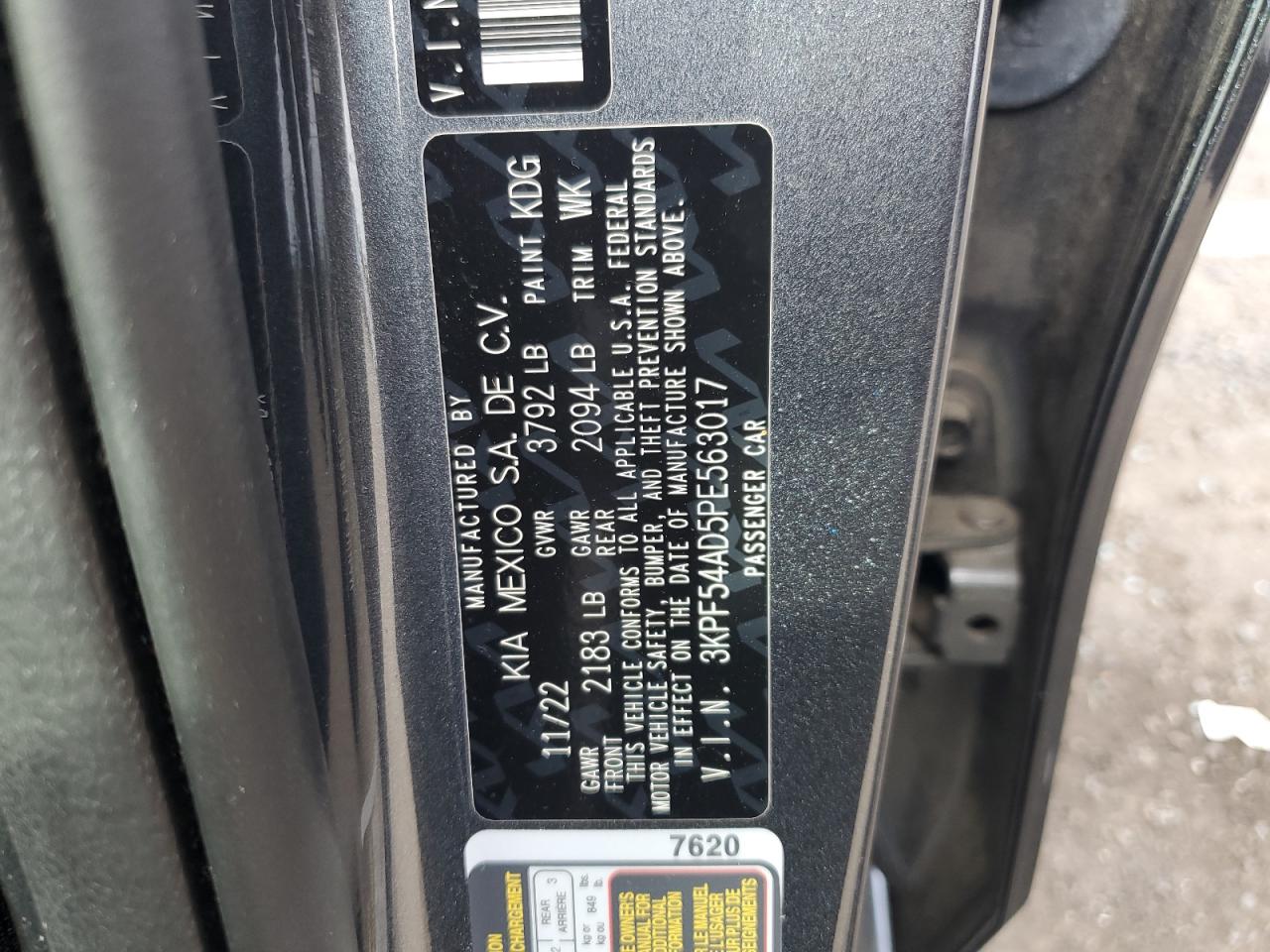 2023 KIA FORTE GT LINE VIN:3KPF54AD5PE563017