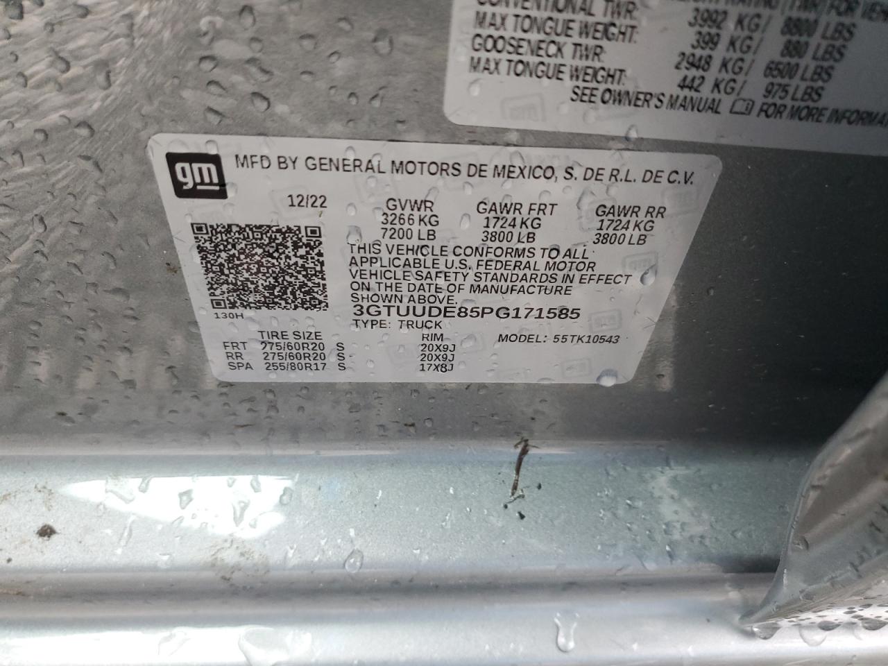 2023 GMC SIERRA K1500 SLT VIN:3GTUUDE85PG171585