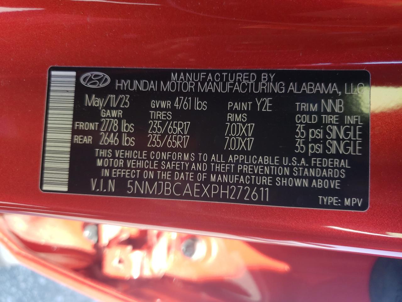 2023 HYUNDAI TUCSON SEL VIN:5NMJBCAEXPH272611