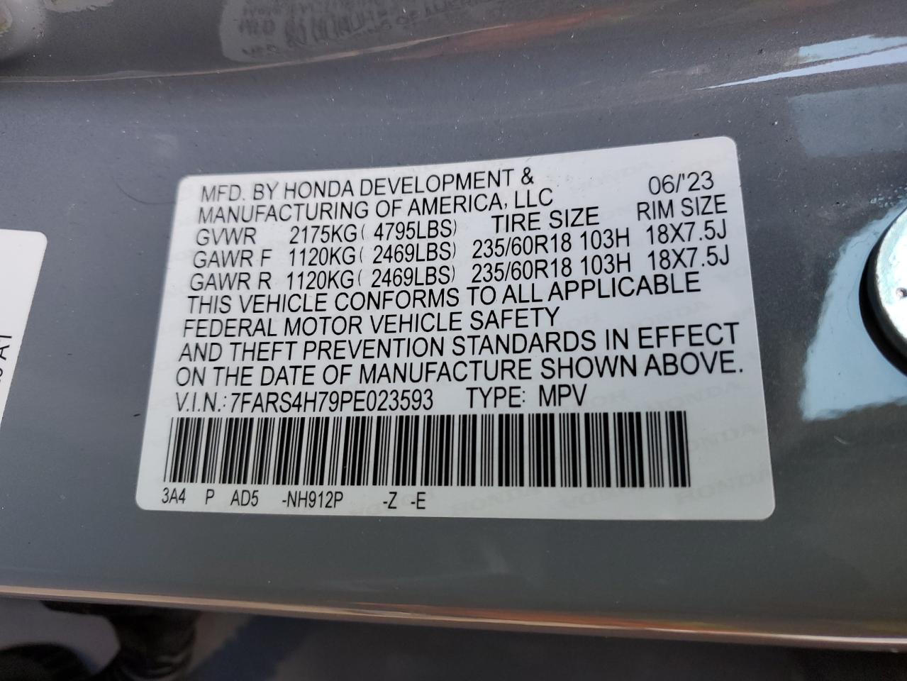 2023 HONDA CR-V EXL VIN:7FARS4H79PE023593