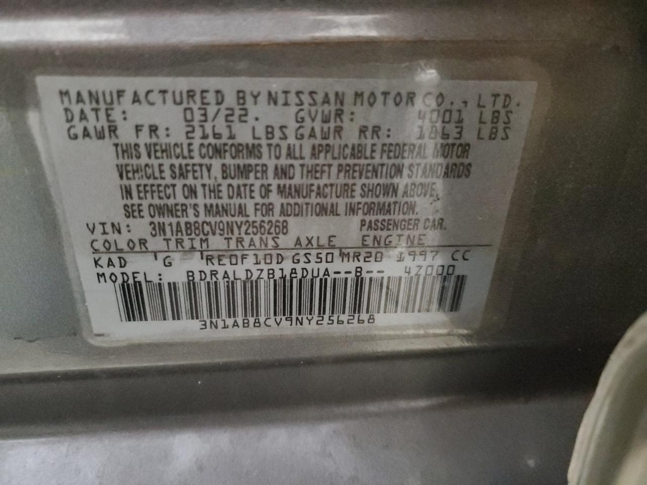2022 NISSAN SENTRA SV VIN:3N1AB8CV9NY256268