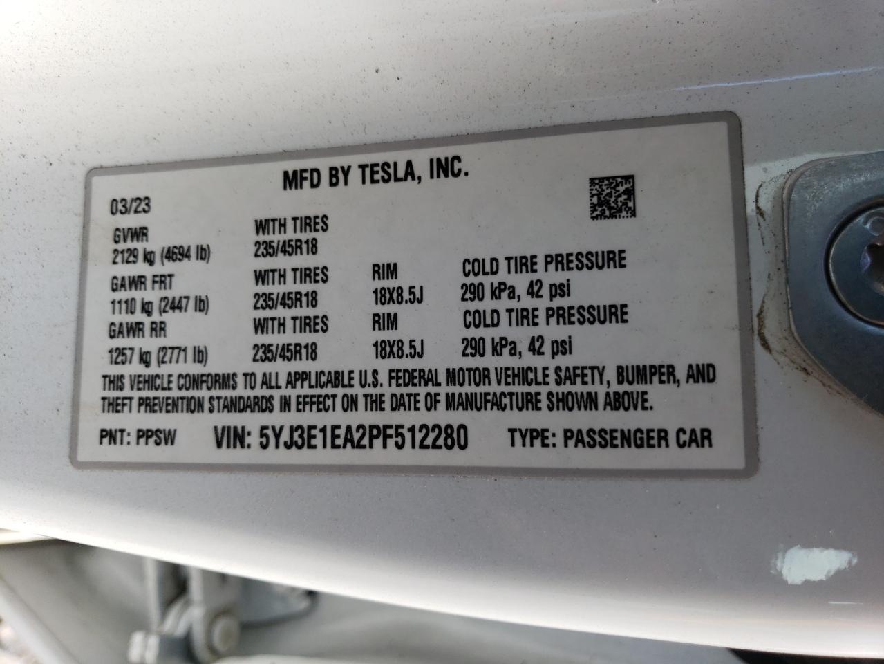 2023 TESLA MODEL 3  VIN:5YJ3E1EA2PF512280