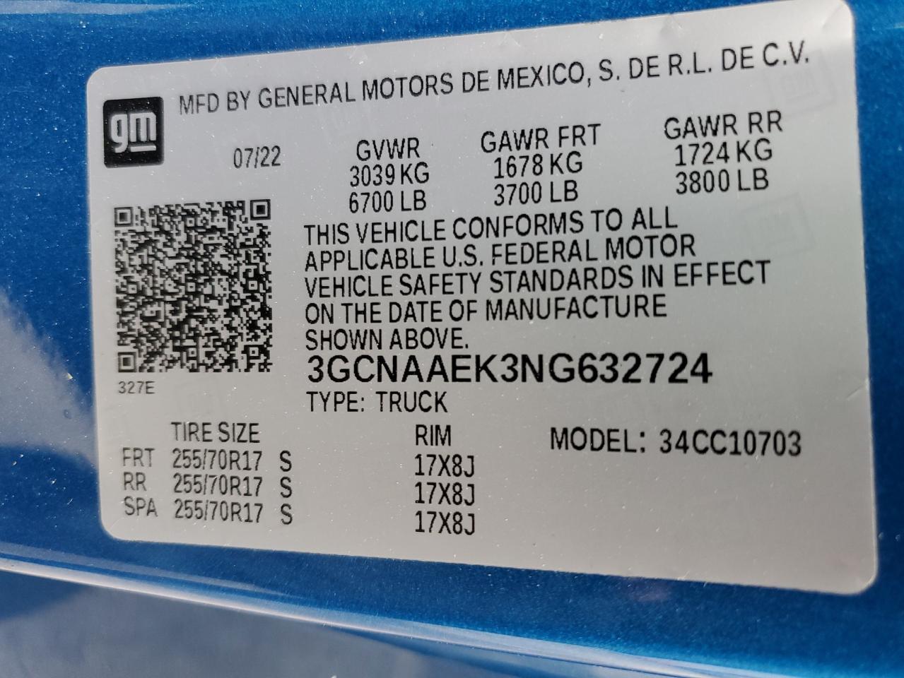 2022 CHEVROLET SILVERADO C1500 VIN:3GCNAAEK3NG632724