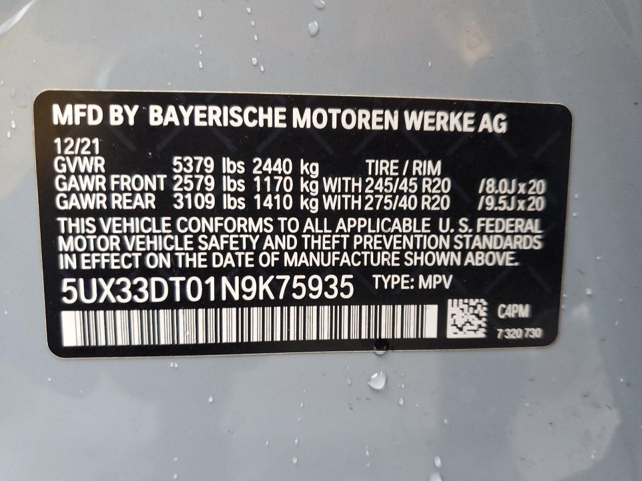 2022 BMW X4 XDRIVE30I VIN:5UX33DT01N9K75935