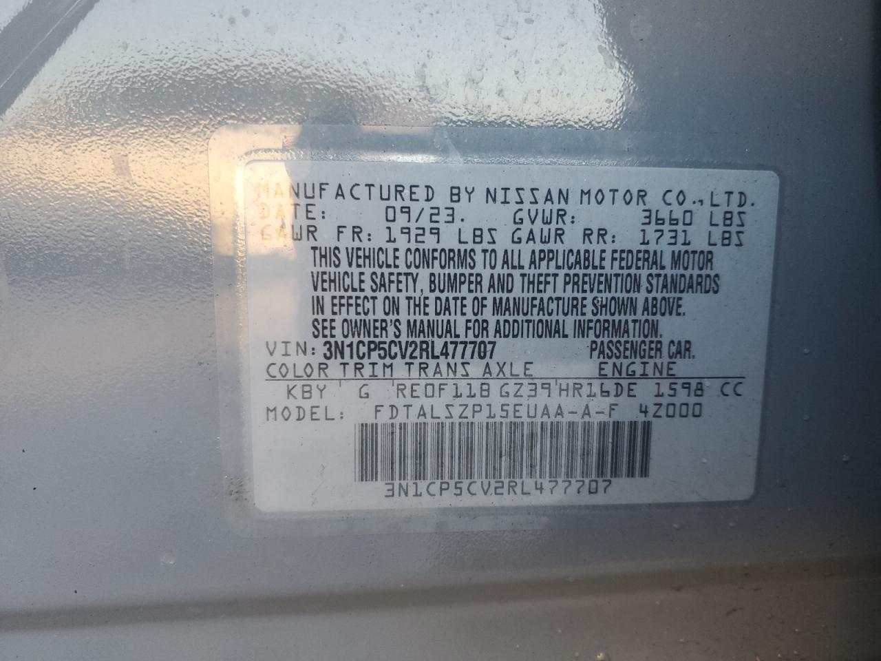 2024 NISSAN KICKS SV VIN:3N1CP5CV2RL477707
