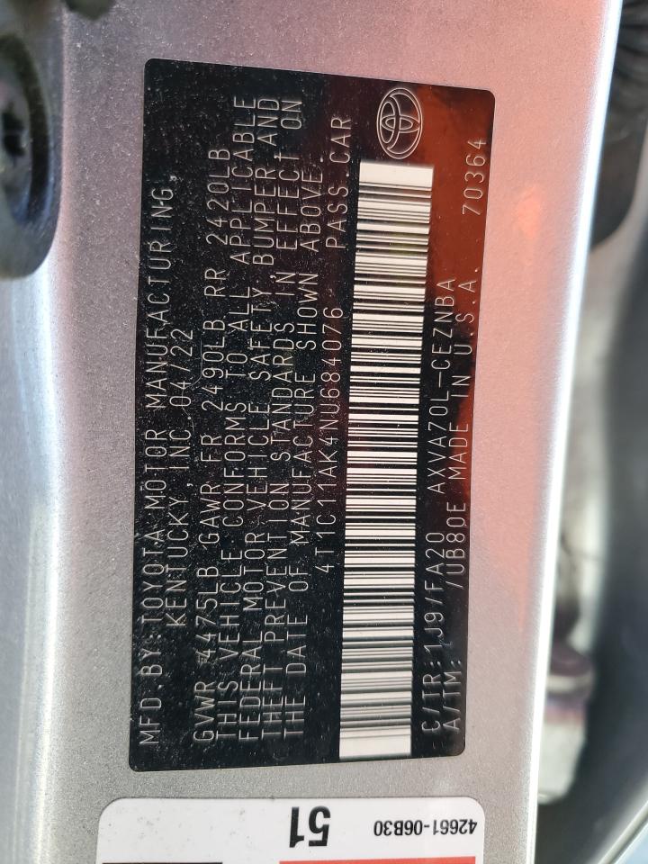 2022 TOYOTA CAMRY LE VIN:4T1C11AK4NU684076