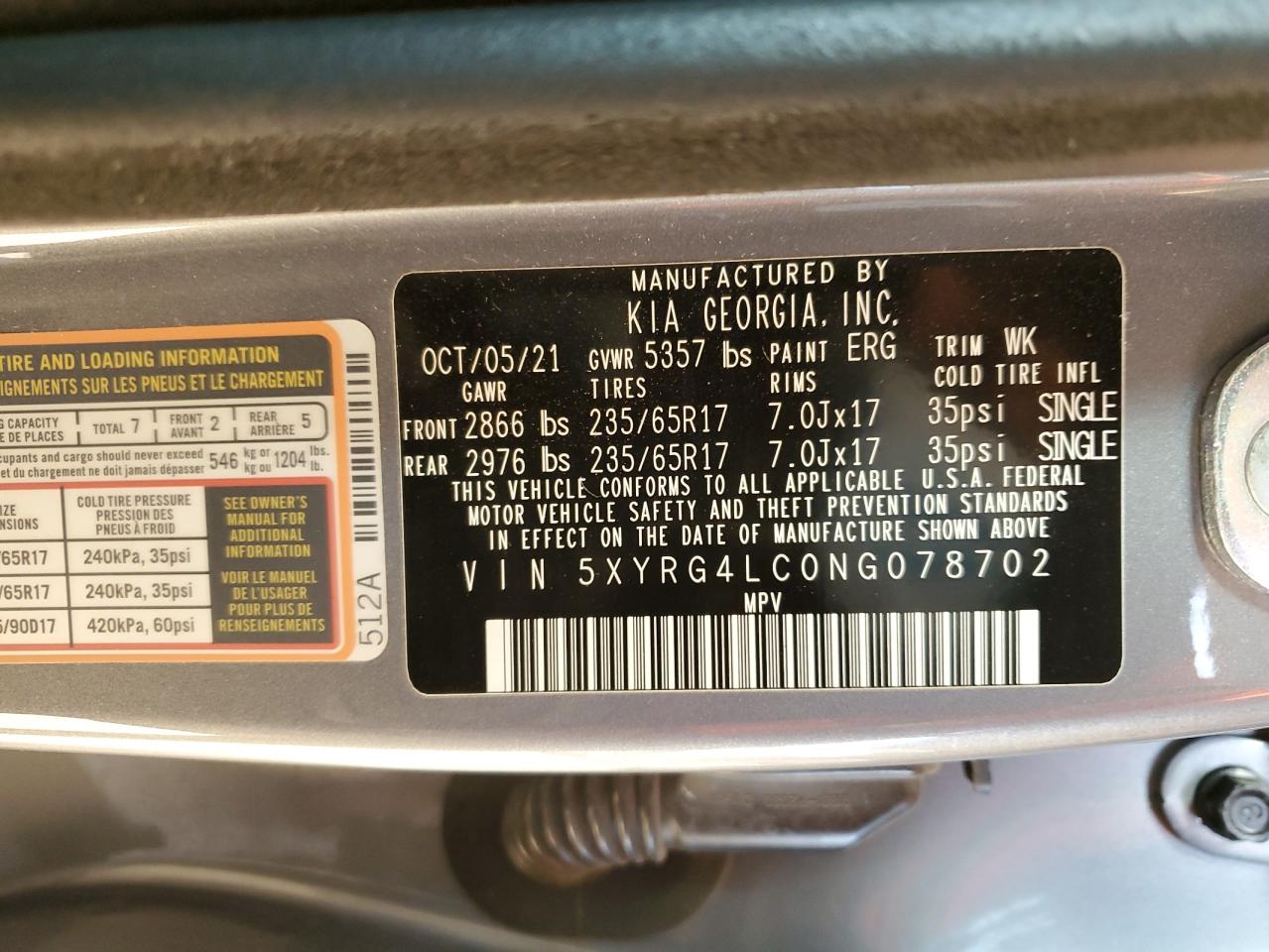 2022 KIA SORENTO LX VIN:5XYRG4LC0NG078702