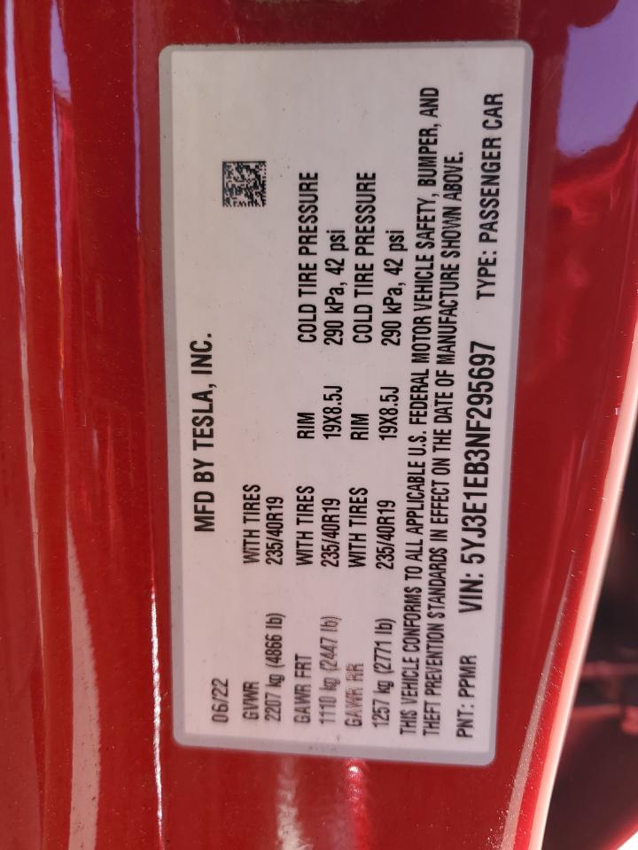 2022 TESLA MODEL 3  VIN:5YJ3E1EB3NF295697