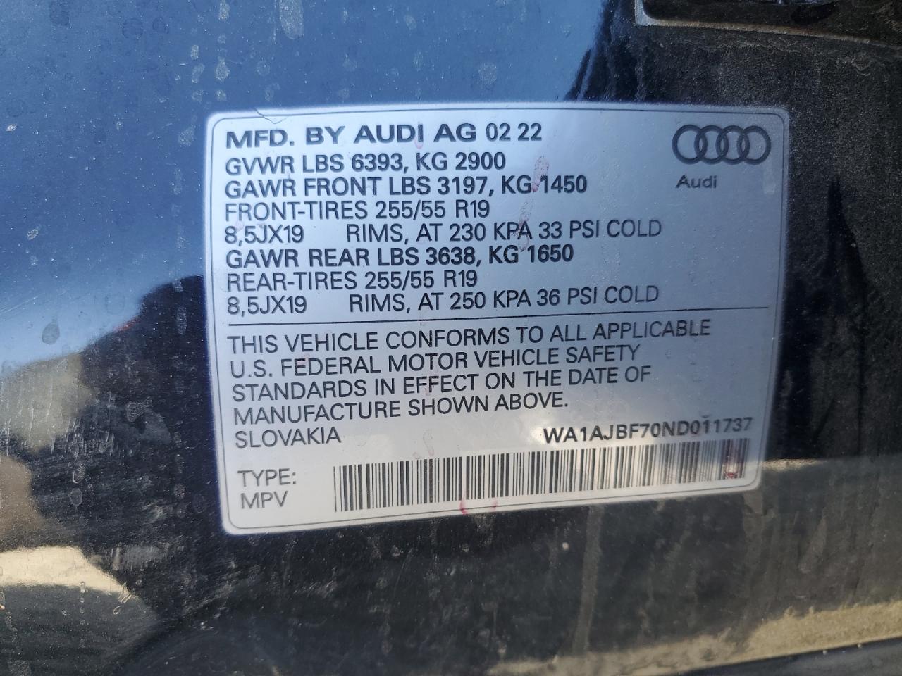 2022 AUDI Q7 PREMIUM VIN:WA1AJBF70ND011737