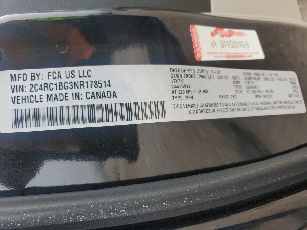2022 CHRYSLER PACIFICA TOURING L VIN:2C4RC1BG3NR178514
