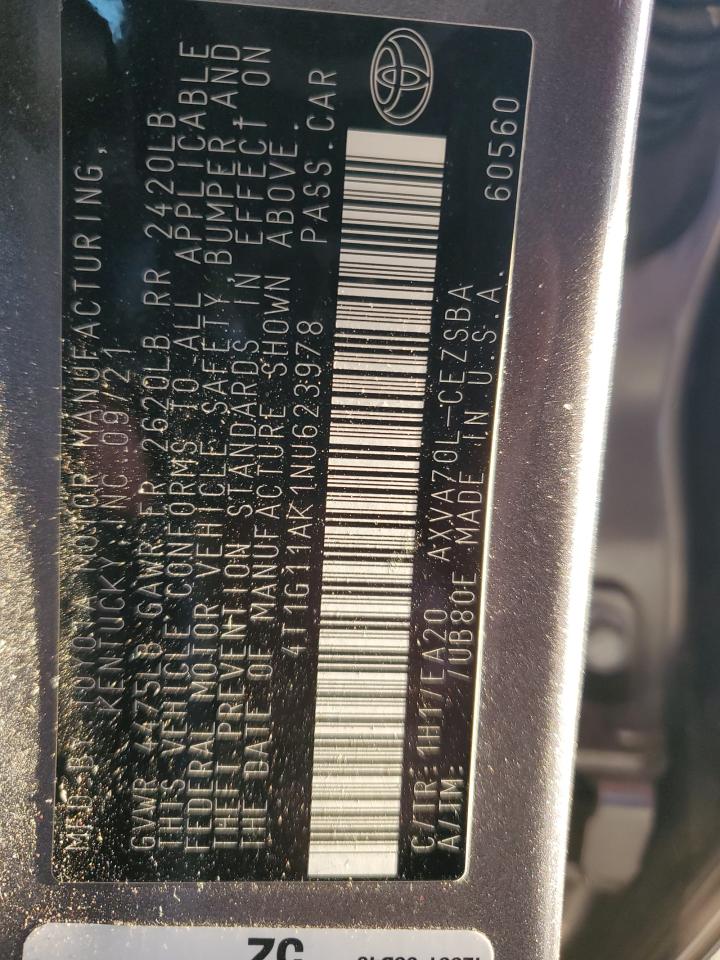 2022 TOYOTA CAMRY SE VIN:4T1G11AK1NU623978