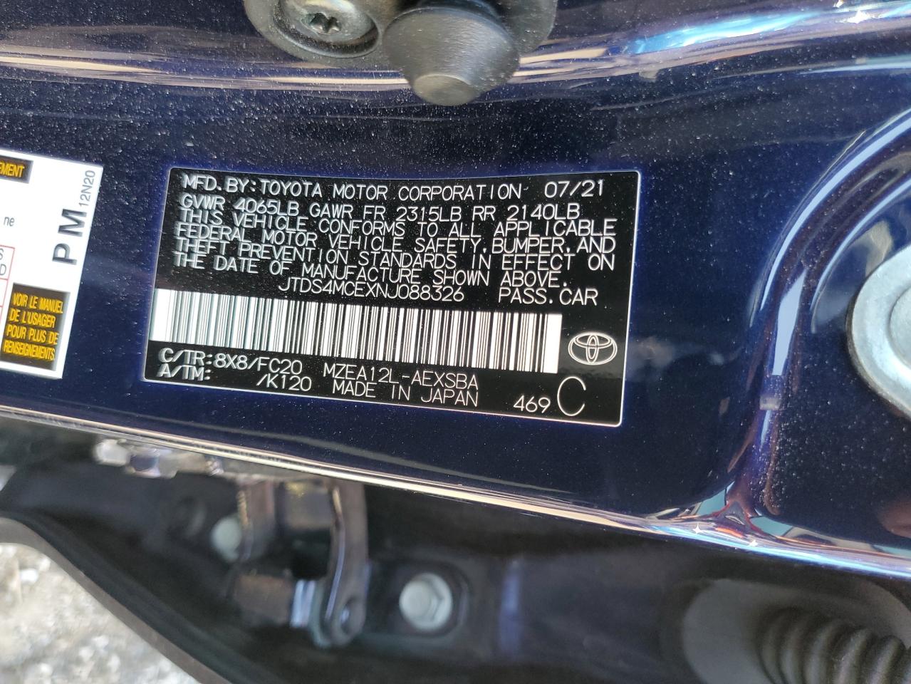 2022 TOYOTA COROLLA SE VIN:JTDS4MCEXNJ088326