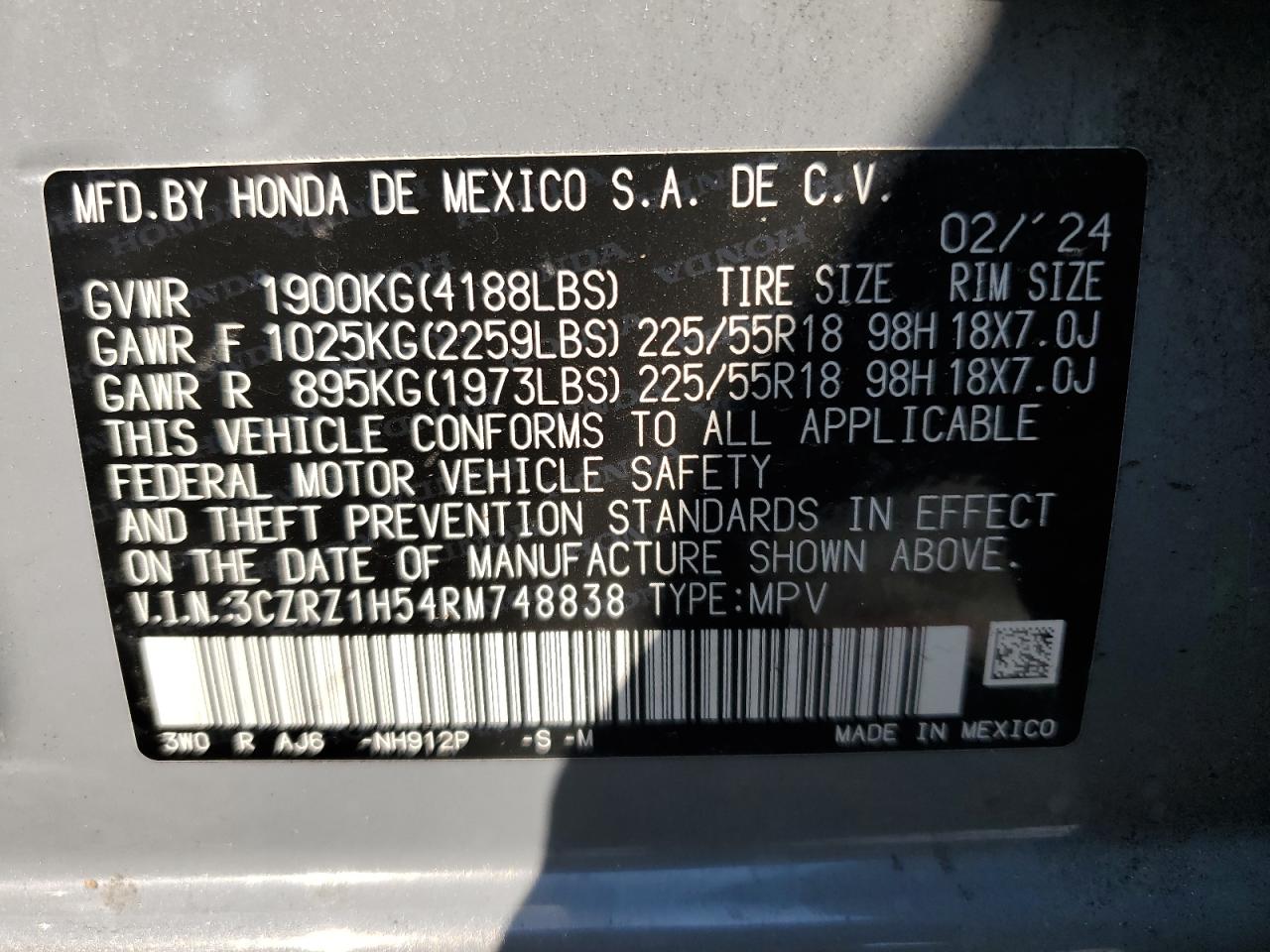 2024 HONDA HR-V SPORT VIN:3CZRZ1H54RM748838