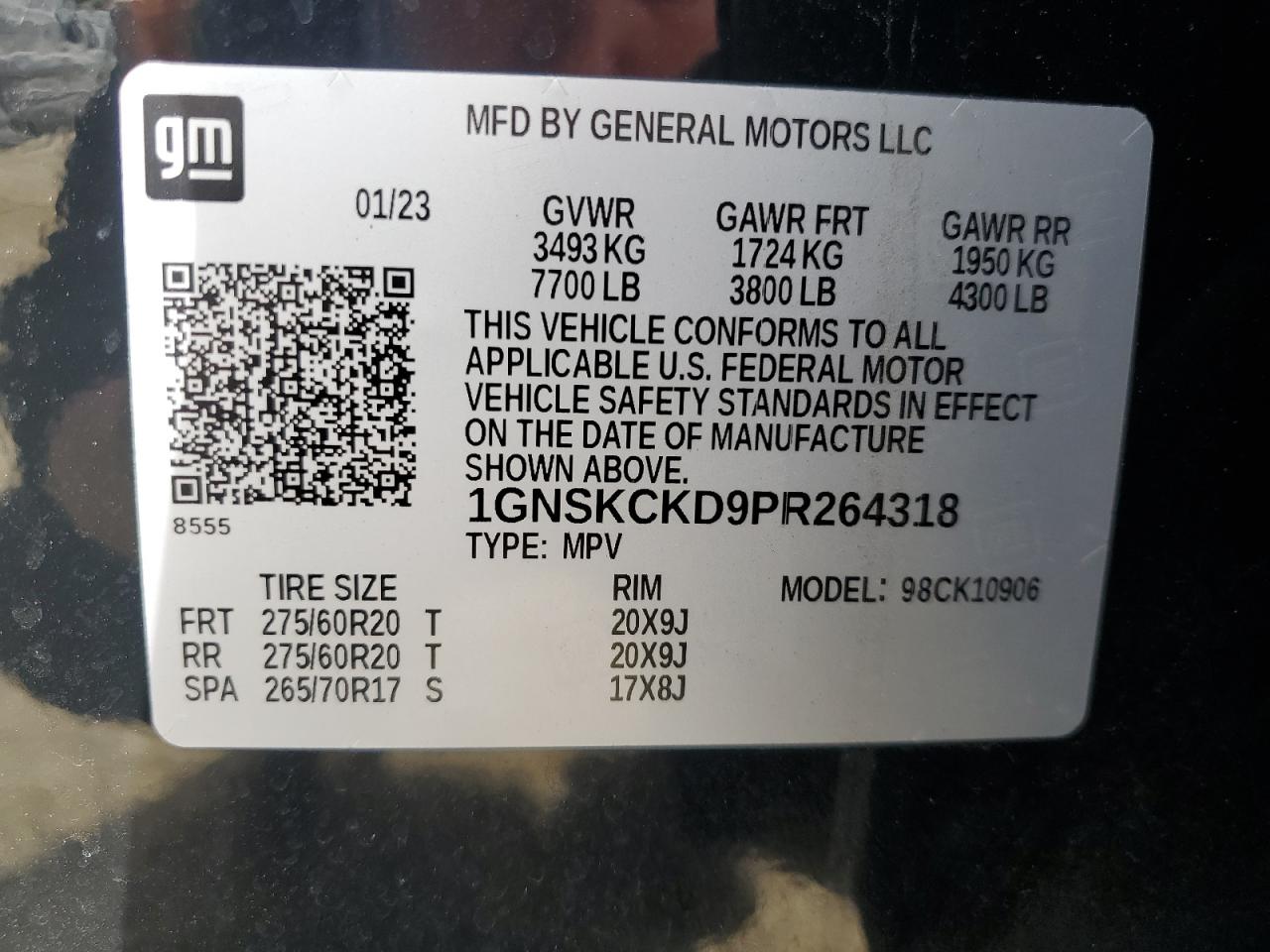 2023 CHEVROLET SUBURBAN K1500 LT VIN:1GNSKCKD9PR264318