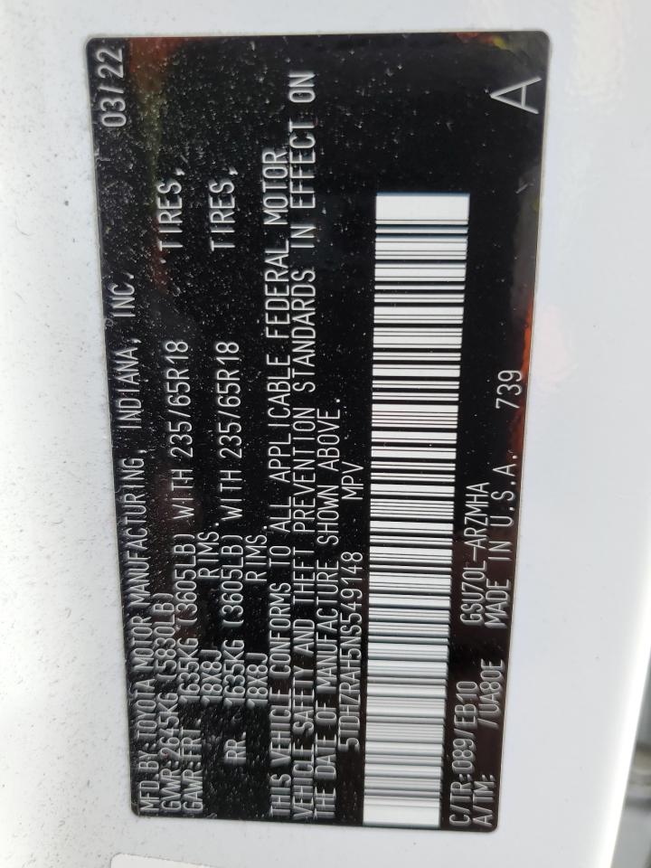 2022 TOYOTA HIGHLANDER XLE VIN:5TDHZRAH5NS549148