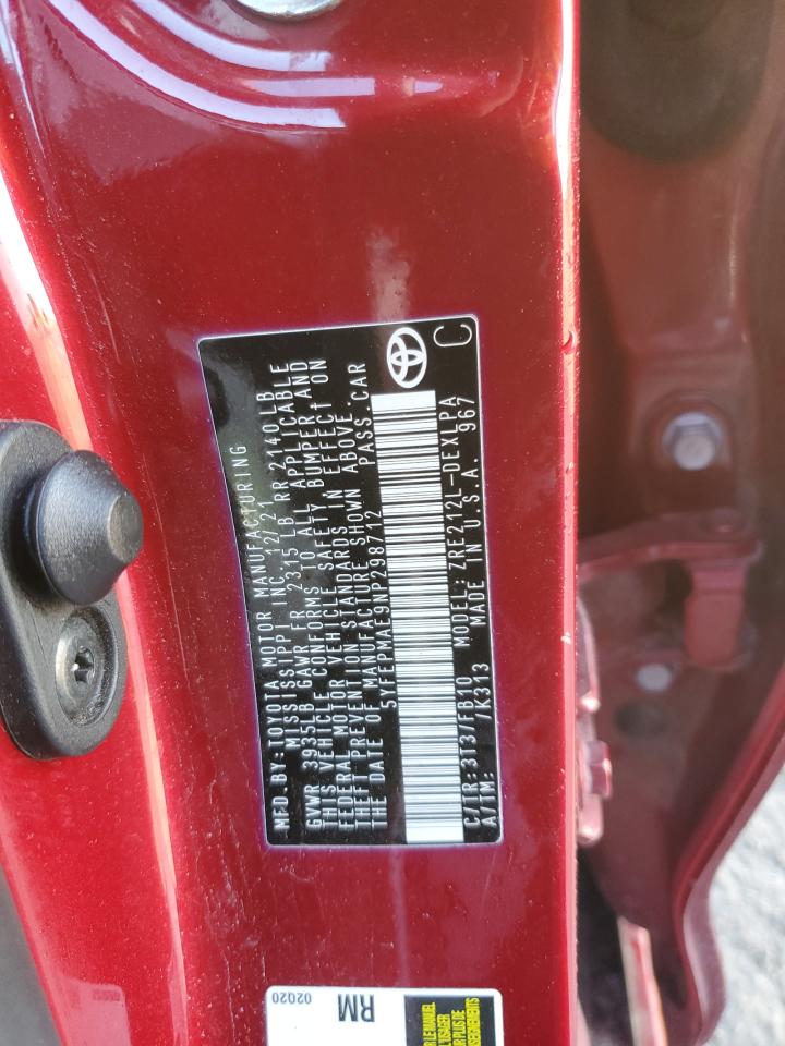 2022 TOYOTA COROLLA LE VIN:5YFEPMAE9NP298712