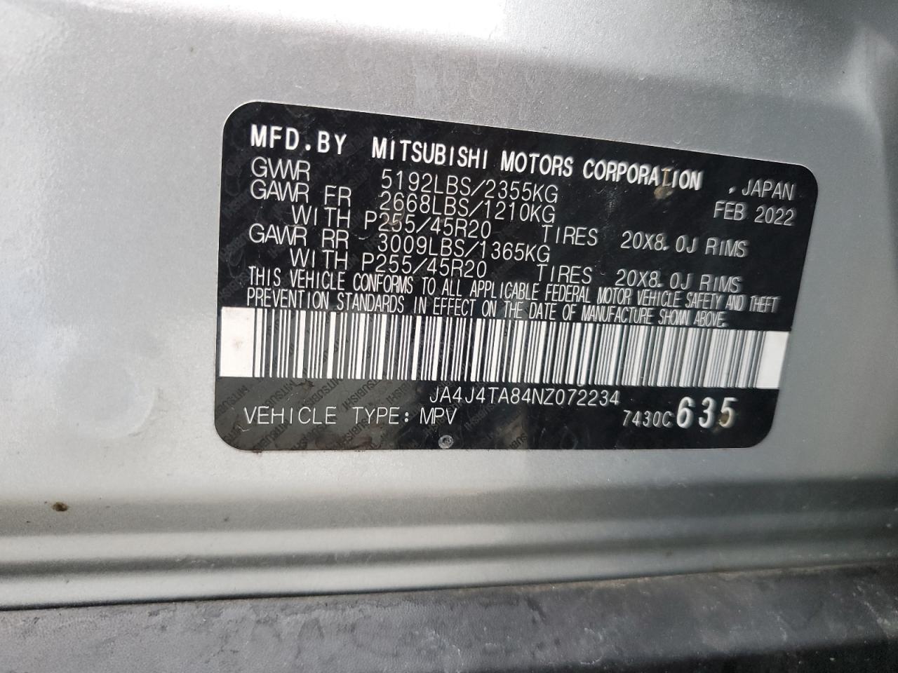 2022 MITSUBISHI OUTLANDER ES VIN:JA4J4TA84NZ072234