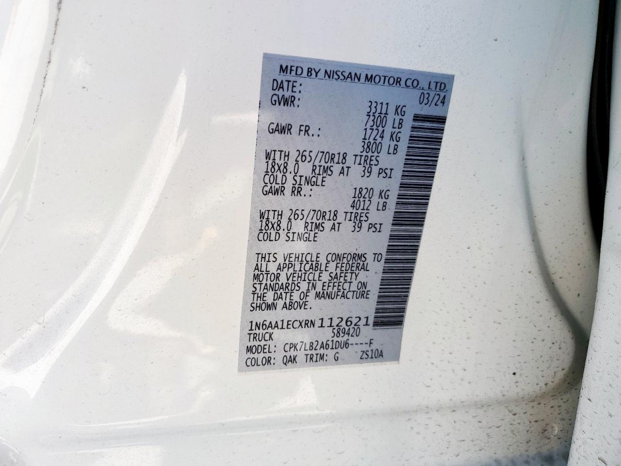 2024 NISSAN TITAN SV VIN:1N6AA1ECXRN112621