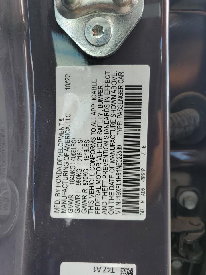 2022 HONDA CIVIC SPORT TOURING VIN:19XFL1H81NE022539