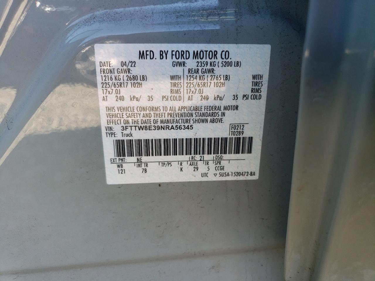 2022 FORD MAVERICK XL VIN:3FTTW8E39NRA56345