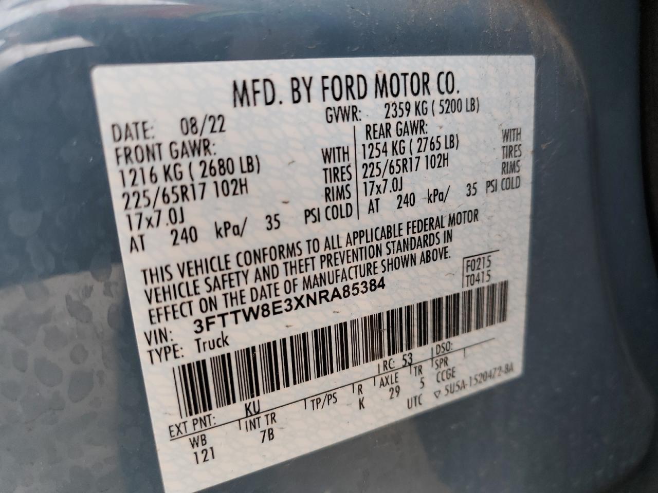 2022 FORD MAVERICK XL VIN:3FTTW8E3XNRA85384