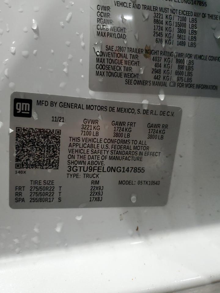 2022 GMC SIERRA LIMITED K1500 DENALI VIN:3GTU9FEL0NG147855