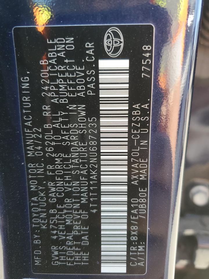 2022 TOYOTA CAMRY SE VIN:4T1T11AK2NU687235