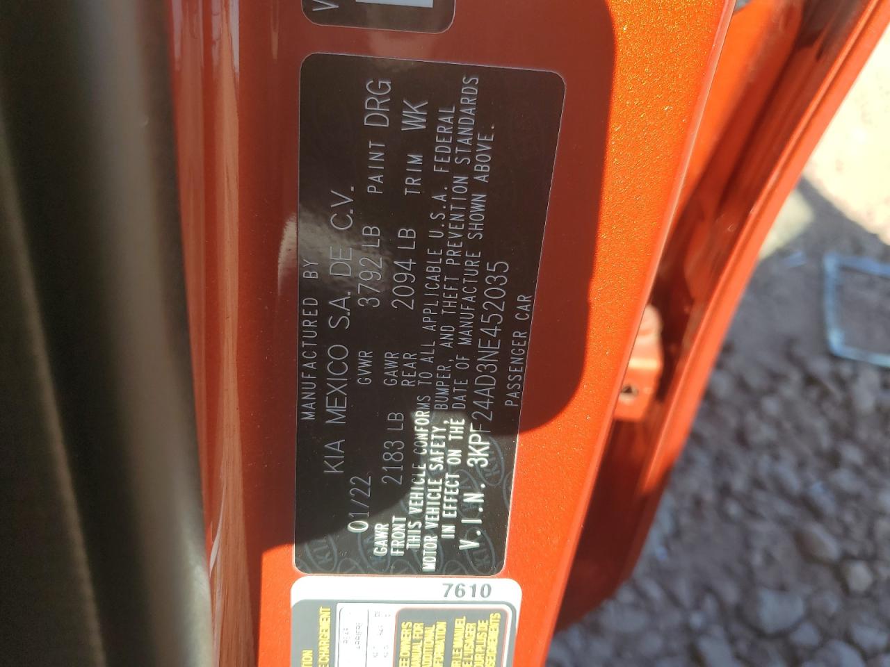 2022 KIA FORTE FE VIN:3KPF24AD3NE452035