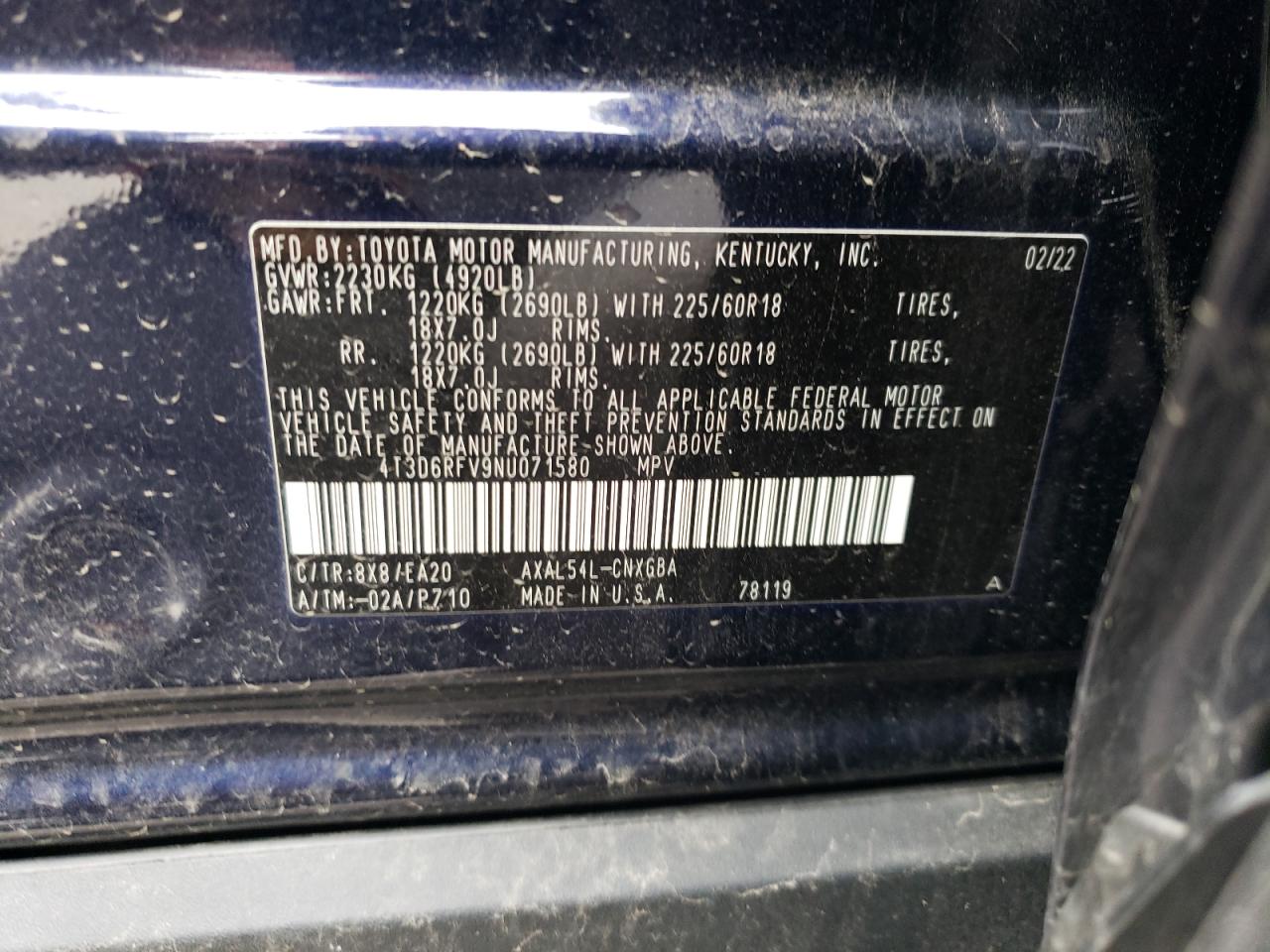 2022 TOYOTA RAV4 LIMITED VIN:4T3D6RFV9NU071580