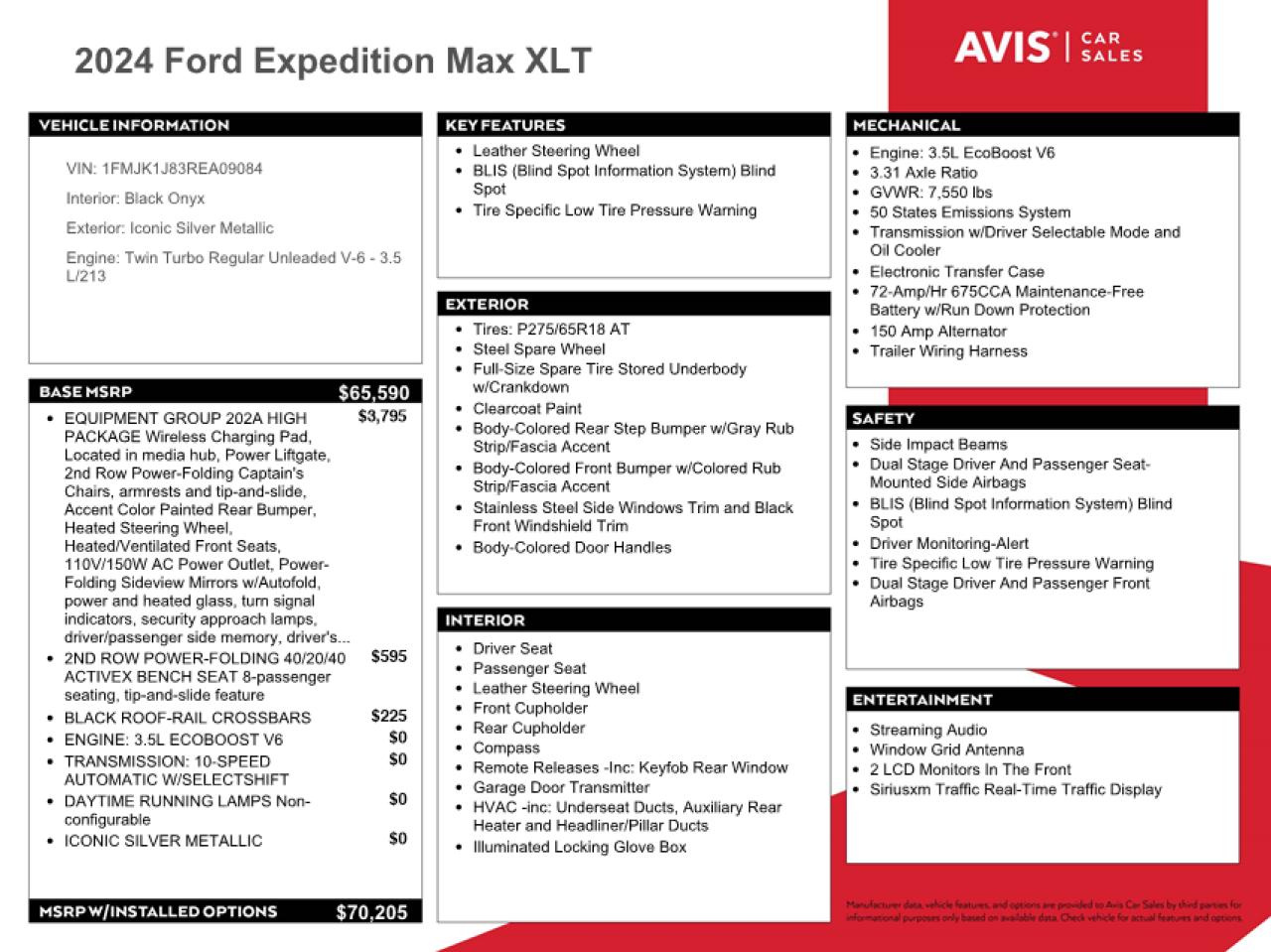 2024 FORD EXPEDITION MAX XLT VIN:1FMJK1J83REA09084