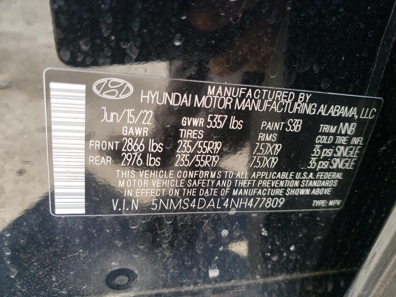 2022 HYUNDAI SANTA FE LIMITED VIN:5NMS4DAL4NH477809